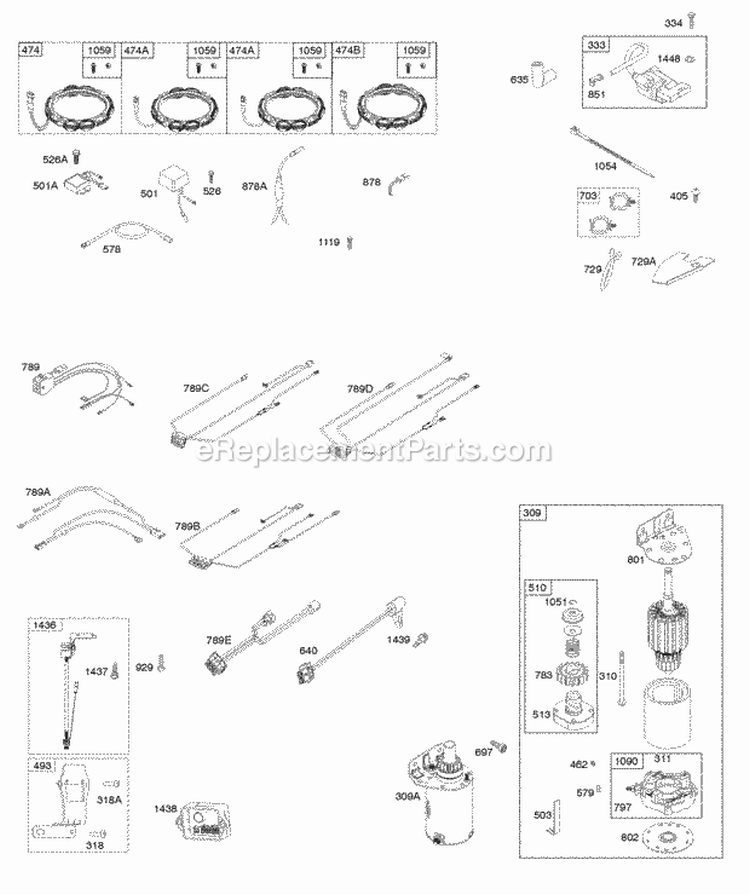 Alternator Wire Harness Starter Ignition Diagram and Parts List for 40G777-1222-B1  Briggs and Stratton Engine